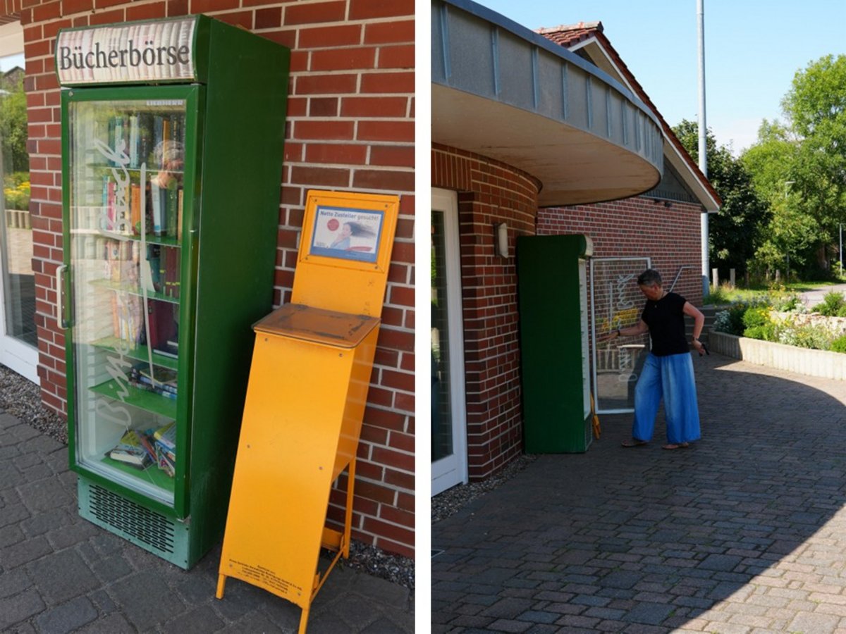 Bücherbörse am Dorfgemeinschaftshaus in Hornbek Offenes Bücherregal zum Tauschen am Dorfgemeinschaftshaus Hornbek